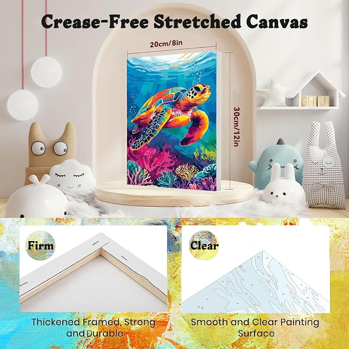 4 Pack Beach Paint by Numbers for Adults with Framed Canvas - Wooden Easel | Beach Paint by Number on Canvas, DIY Sea Turtle Acrylic Oil Painting Kits with Brushes for Home Wall Decor (8x12 inch)