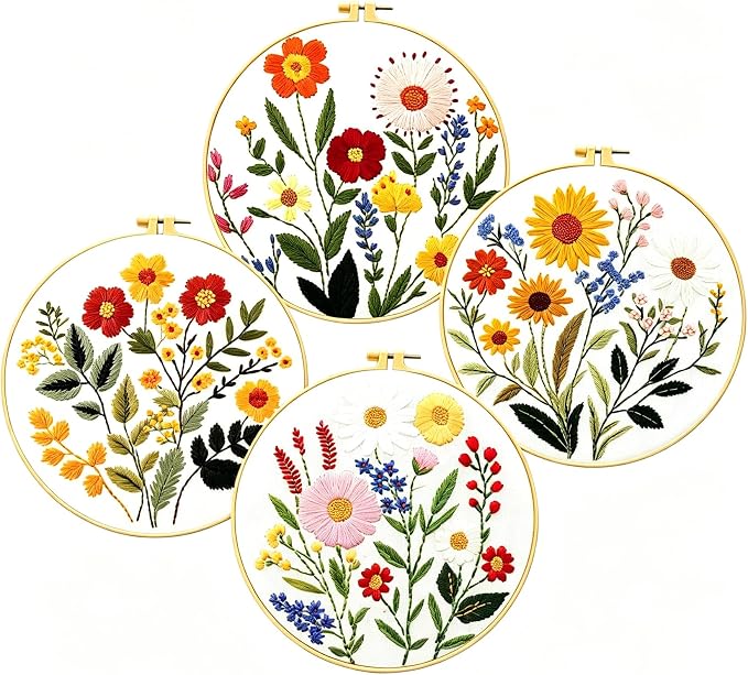 Zhenqing 4-Piece Floral Embroidery Kit for Beginners - Complete Set with Sunflower, Daisy Designs & Pre-Printed 29x29cm Cotton Fabric, Hoop, Threads & Tools(C0166)