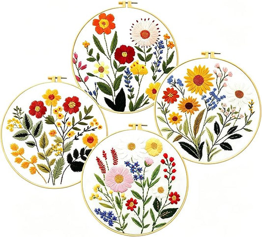 Zhenqing 4-Piece Floral Embroidery Kit for Beginners - Complete Set with Sunflower, Daisy Designs & Pre-Printed 29x29cm Cotton Fabric, Hoop, Threads & Tools(C0166)