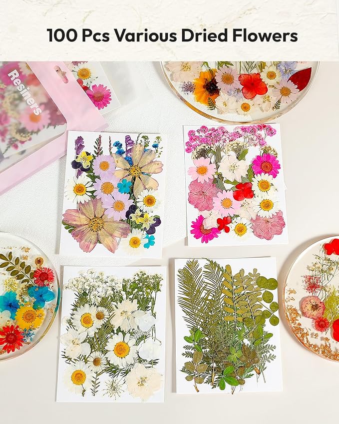 Dried Flowers, Resiners 100Pcs Pressed Flowers for Craft | Real Natural Dried Flowers Dry Leaves Kit for DIY Making Crafts Resin Soap Candle Scrapbook Supplies Card Making Jewelry