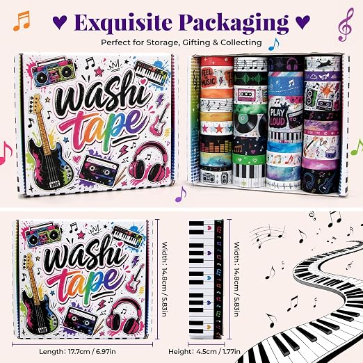 Music Washi Tape Set, 35 Rolls Decorative Washi Tape with Gradient Foil, Music Notes, Piano Keys, Cassette Tape Designs for Journaling, Scrapbooking, Planner, Card Making, DIY Crafts & Gift Wrapping