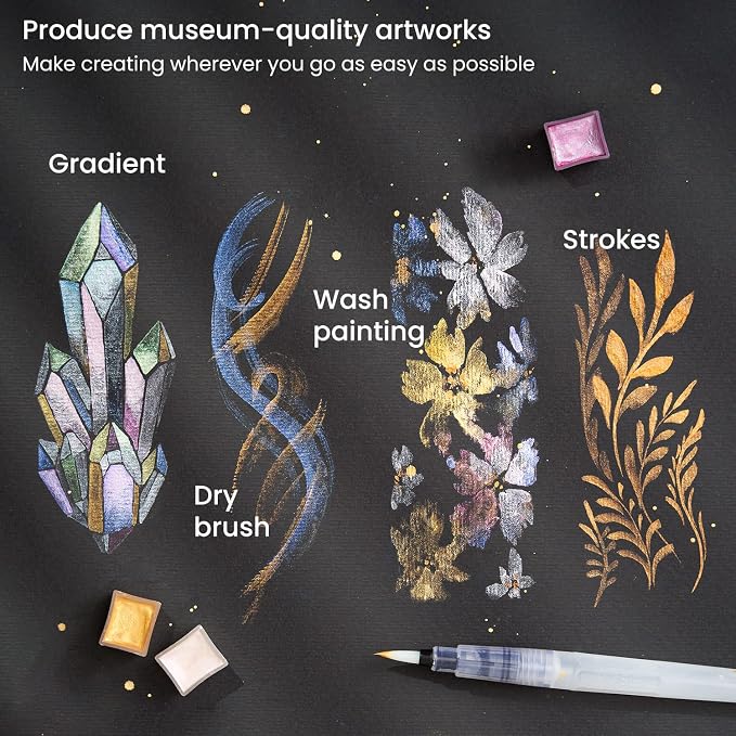ARTEZA Metallic Watercolor Paint Set, 24 Shimmer Half Pans with Metal Tin | Water Brush Included, Visible on Light and Dark Paper, For Washes, Gradients, Dry Brush, Lettering, Cards and Art Journals