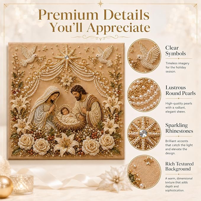 DIY Christmas Pearl Diamond Painting Kit, 5D Pearl Art Craft for Adults and Beginners, Christmas Church and Jesus Wall Decor, Holiday Gifts, 12 x 12 Inch (Jesus Design A)