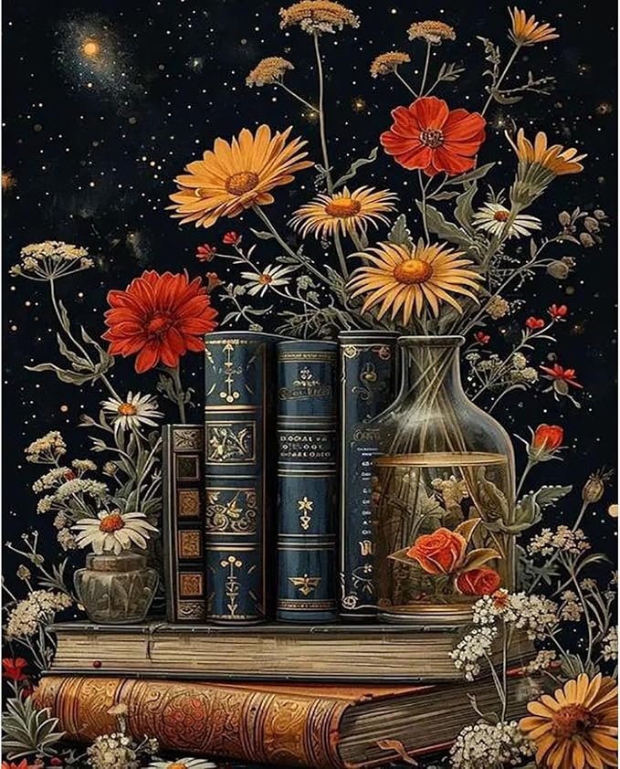 Paint by Numbers Kit for Adults, Vintage Books and Wildflower, 16 x 20 Inch | DIY Adult Paint by Number Kit on Canvas for Beginners, without Frame, Botanical Wall Decor, Stress Relief Craft Gift