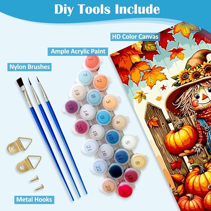 LKHMVCA Happy Fall Scarecrow Pumpkin Paint by Number Kits for Adults, DIY Paint by Numbers Kits for Adults Beginners Without Frame, Acrylic Paint Canvas Painting Kits Art for Home Decor 16x20 Inch