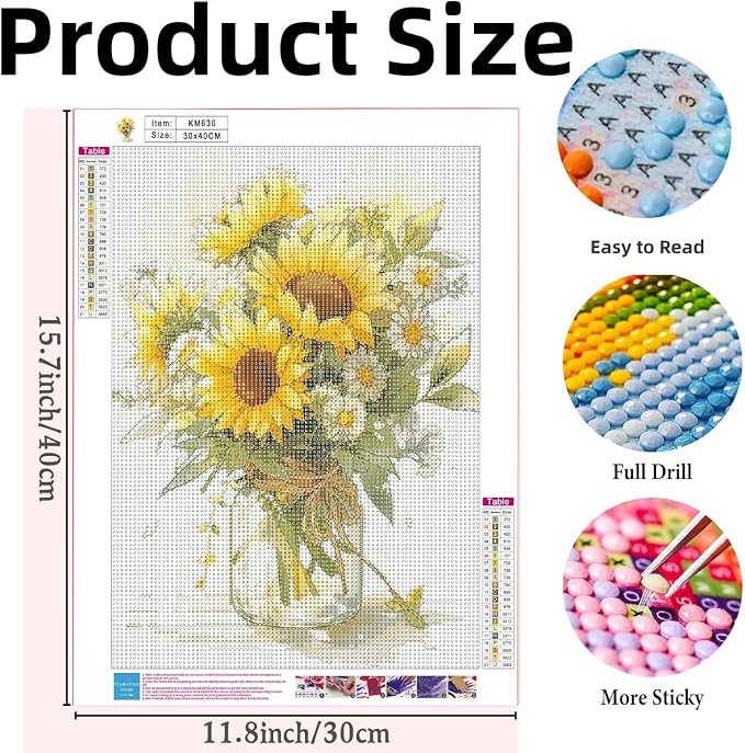 Diamond Painting Kits for Adults, Sunflower 5D Diamond Art Painting | Full Drill Round DIY Gem Painting, Diamond Dot Gem Art Painting Kits for Relax, Home Wall Art Decor 11.8 X 15.7 inch