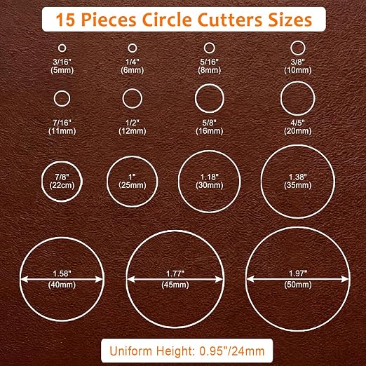 15 Pieces Leather Circle Cutter Tool Set, Hole Punch Tools with 5 6 8 10 11 12 16 20 22 25 30 35 40 45 50mm, High Carbon Steel Round Cutting Dies, Hole Punch Tool Kit for DIY Leather Crafts