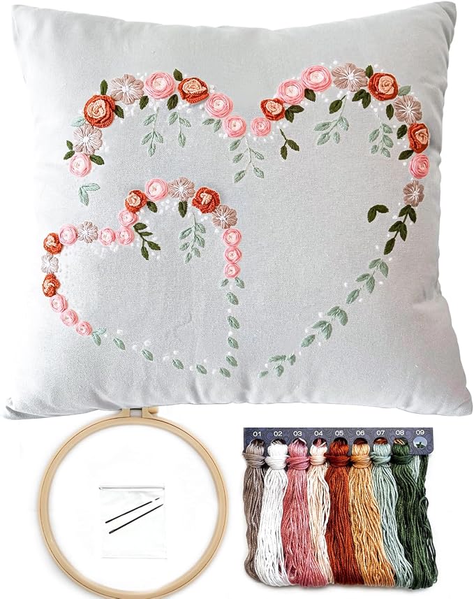 FONNUY Crewel Pillow Case Embroidery Kit, Heart Shaped Loving You Floral Stamped Pattern Kits for Audlt Beginners, Works Crafts Throw Pillow Cover Great Gift for Loved Ones, 18 x 18'' (Light Grey)