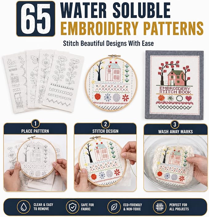 Embroidery Kit for Beginners | Video Tutorial, 3pcs Hoops, 106 Patterns, 65 Water Soluble Designs, 86PCS Sewing Supplies Set | Cross Stitch Book Kit | DIY Needlework Starter Craft Gift for Adults