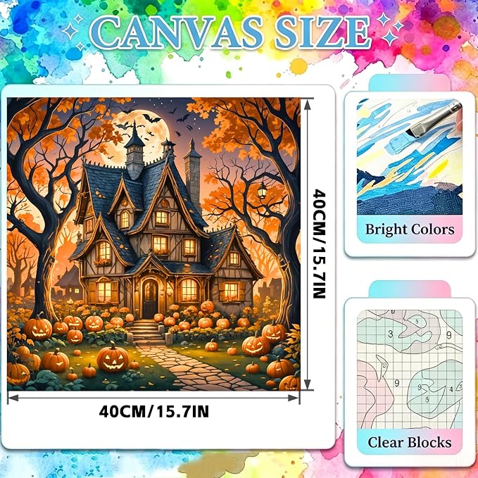 YarnWhimsy Halloween House Paint by Numbers Kit for Adults 16x16 inch
