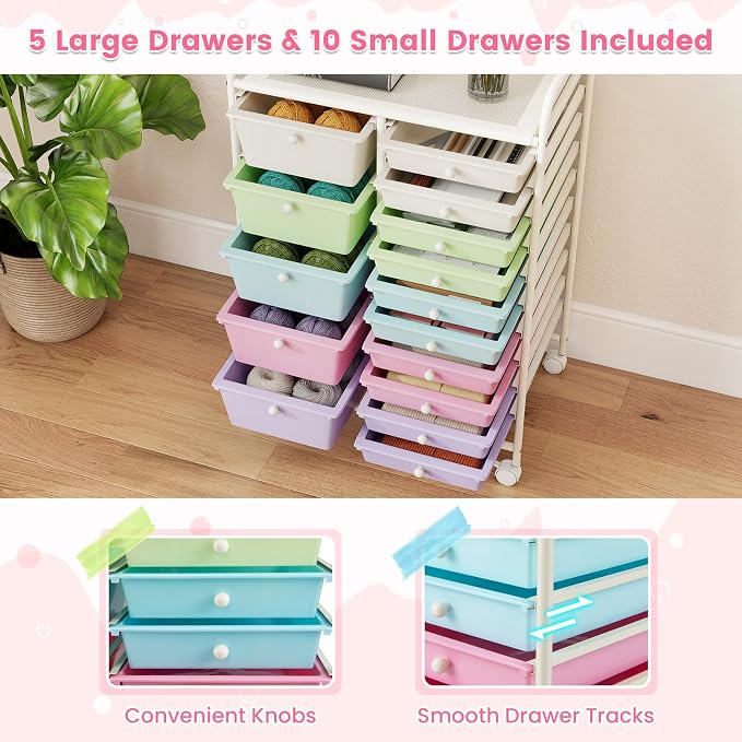 LDAILY 15 Drawer Rolling Storage Cart, Rolling Cart with Drawers for Classroom, Art Supply Craft Organizer on Wheel with Metal Frame & Handles for Home Office School (Ice cream color, 15 Drawer)