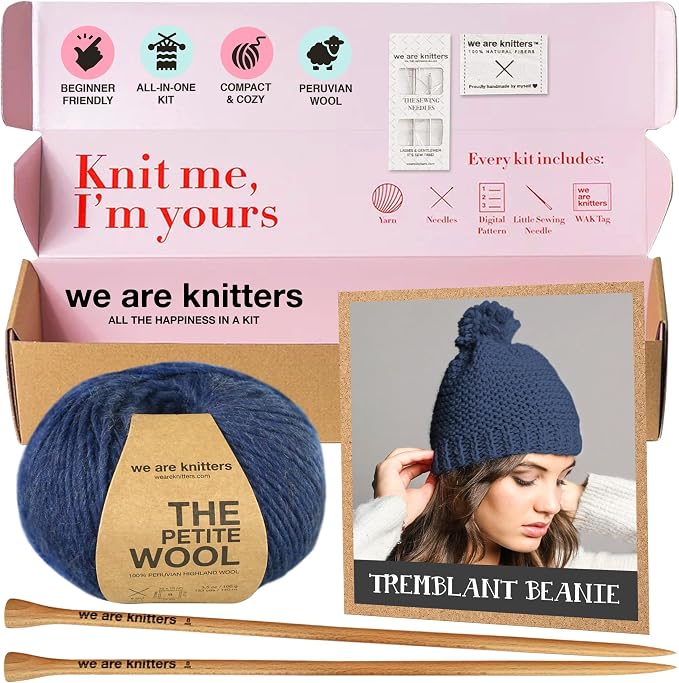 We Are Knitters Tremblant Beanie Kit | Beginner Knitting Gift Kit | Easy Flat Knit Winter Hat | Cozy DIY Handmade Beanie Set