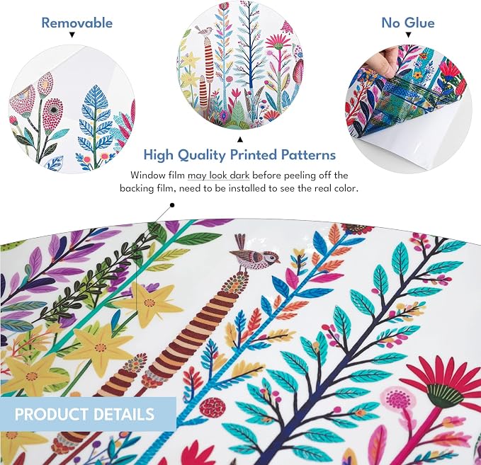 ADD.HERES Window Privacy Film,Colorful Floral Window Stickers,Removable DIY Bouquet Static Clings, Decals for Home School Office Party Supplies, Vivid Flower Field, 17.5" x 78.7"