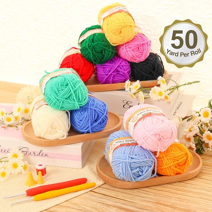 XSEINO Crochet Kit with Step-by-Step Video Tutorials，Premium Bundle Includes 12 Roll x50Yard Acrylic Yarn Balls, 12 Crochet Hooks, Crochet Bag and All Accessories Kit, Crochet Kit for Beginners