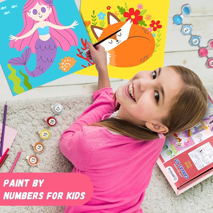 goldentime Kids Paint by Number Kits Including 6 Pre-Drawn Canvas for Painting, 6 Brushes 17 Paints and 2 Easels, Perfect Art Painting Kit, Arts and Crafts Painting for Kids Ages 8-12
