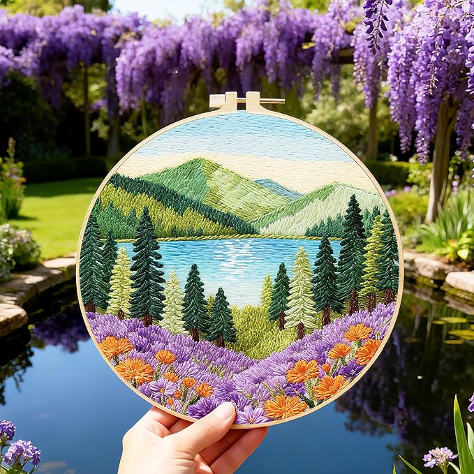BEUNITONE 4 Set Forest Pattern Embroidery Kit for Adult Beginners Scenery Pre-Printed Designs Cross Stitch Kits, Needlepoint Kits for Adults, Handmade Embroidery for Home Decor 20x20cm