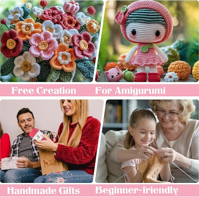 4 Pack Crochet Yarn, 560 Yard Soft Pink Yarn for Hand Knitting Decor Gifts | 60% Cotton, 40% Polyester, 4 x 50G Skeins, for Crochet and Knitting, Soft, Durable, for 3-4 mm Needles, 2-3 mm Crochet Hooks