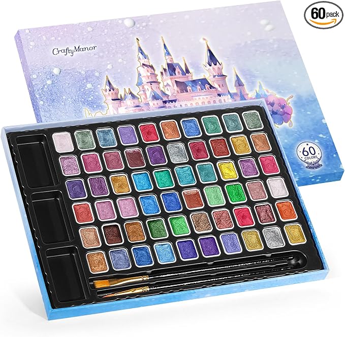 CraftyManor Mini Forestry Shifting Watercolor Painting Set, 60 Color Shifting Watercolor Paint Sets, Shimmer Metallic Watercolor Paints Set, Glitter Watercolor Paint, Solid, Fantasy Forest Style, Upgraded
