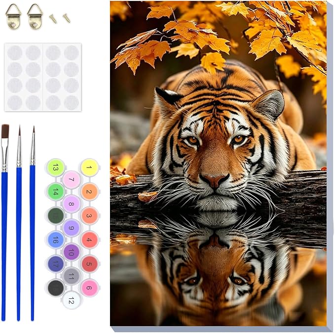DOMROM Tiger Paint by Numbers Kit for Adults, Tiger DIY Acrylic Oil Painting on Canvas, Fall Paint by Number Kit, Home Decor Craft Gift 8x12 Inch