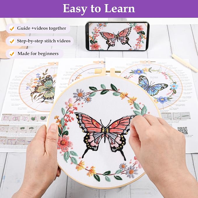 Uniartfy Butterfly Flower Embroidery Kit for Beginners, Cross Stitch Kits