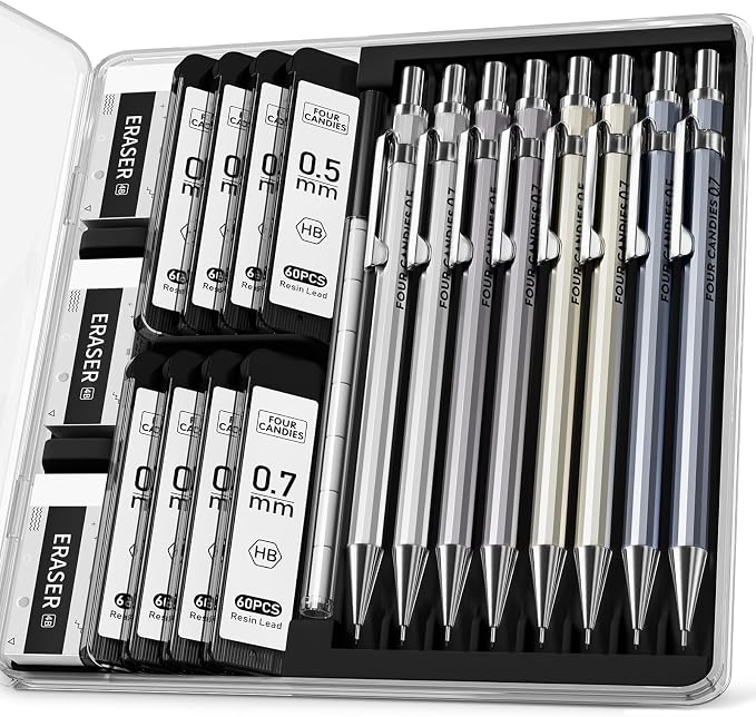 Metal Mechanical Pencil Set, 0.5/0.7mm, 8-Pack with Case, Two Sizes