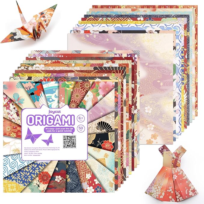 JoyCat Japanese-Style Patterned Origami Paper, 50 Sheets, 6x6 Inch | Double-sided Japanese-style patterns add classic decorative detail to origami, cards, scrapbooking and paper crafts.
