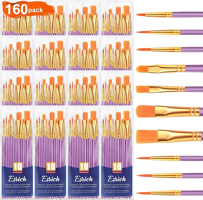 ESRICH 160PCS Paint Brushes, Paint Brush for Acrylic Painting | Artist Paintbrushes for Oil Watercolor, Body Face Rock Canvas, Small Paint Brushes for Kids, Purple
