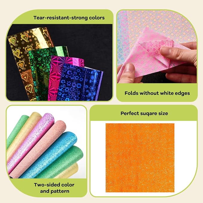 JoyCat Specialty Origami Paper Kit, 200 Assorted Finish Sheets, 6x6 Inch | Includes holographic laser, pastel glitter, glow-in-the-dark and embossed sheets for varied origami and DIY crafts.