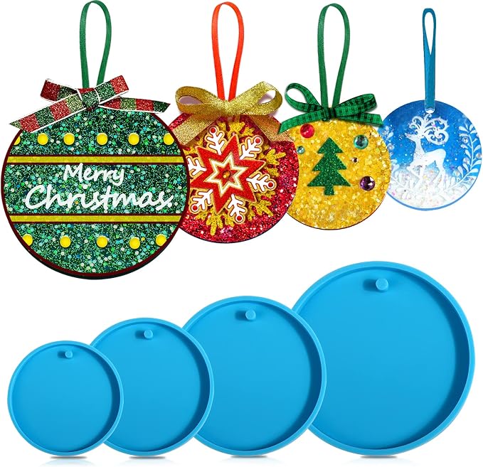 Juome Christmas Ornaments Resin Molds Silicone, Christmas Molds for Epoxy | 4 Pcs Round Shape Pendant Christmas Molds for Epoxy Resin, DIY Crafts Keychain Making Christmas Tree Decorations