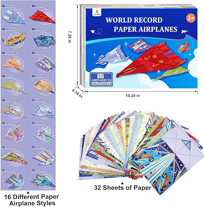 Paper Airplane Kits with 16 Classic Designs, 32 Sheets of Colorful Origami Paper, World Record Paper Planes, Craft Kit for Kids, Airplane Gifts for Boys and Girls Ages 6-12+ (Digital Manual Only)