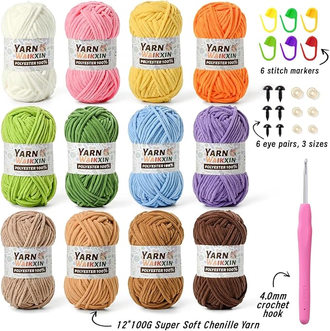 12 Pack Fluffy Chunky Chenille Yarn for Crocheting, Baby Yarn for Crocheting Soft Blanket, 1200g (1574yds) Bulky Yarn Set for Crochet Amigurumi & DIY Crafts B