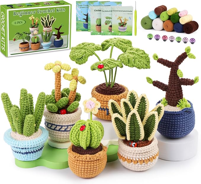 Hssugi Crochet Kit for Beginners, 6PCS Succulents Plants Crochet Kits | Crochet Kits with Step-by-Step Video Tutorials, Crochet Yarn DIY Beginner Crochet Kit for Adults Succulent Family