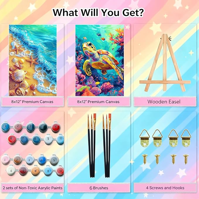 2 Pack Sea Turtle Framed Paint by Numbers Kit for Adults Beginner 8x12 inch | Beach Adult Paint by Number Kits on Canvas with Wooden Easel, Easy Acrylic Oil Painting Kits for Adults for Gift Home Decor