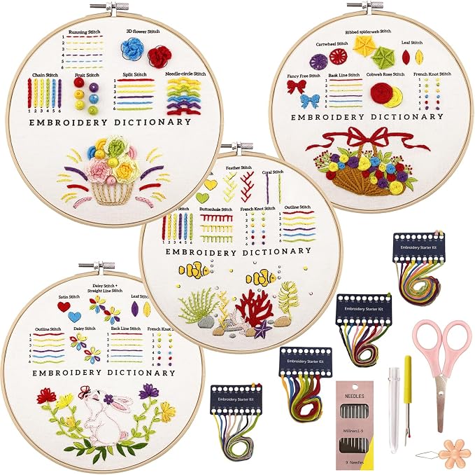VIVIDOX 4 Sets Embroidery Kit for Beginners with Stitch Video, Cross Stitch Kits for Adults, Hand Craft Lover, Starters Easy Practice with Stamped Pattern, Hoop, Needles, Scissors, Tools & Instruction
