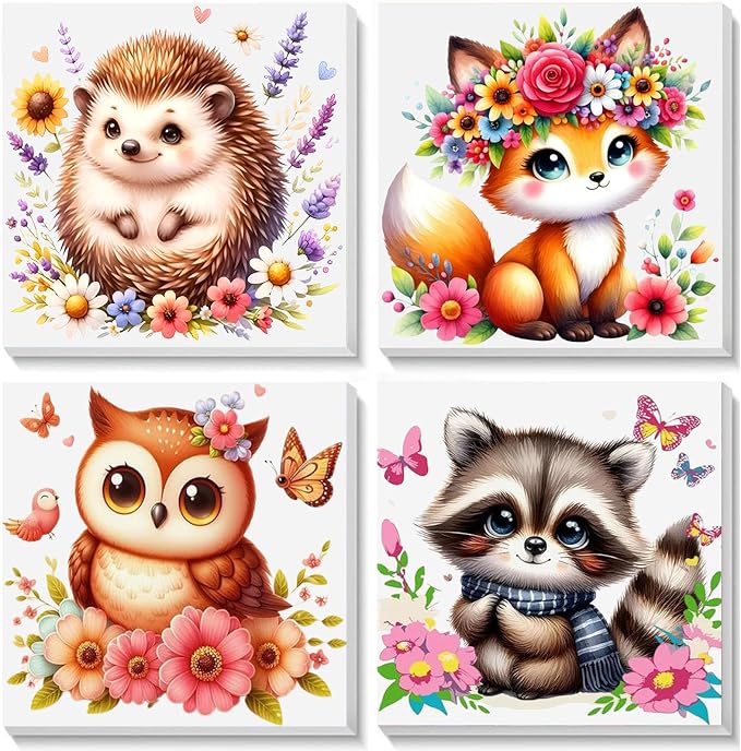 4 Pack Animal Paint by Number for Kids with Wooden Frame - Wooden Easel | Paint by Numbers for Kids Ages 4-8-12, Easy Owl Fox Hedgehog Raccoon DIY Oil Painting Kits for Home Wall Decor (8X8 inch)