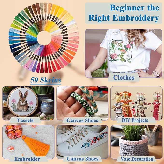 Amrules Friendship Bracelet String, 50 Pcs Embroidery Floss, Colorful | Including 344.5" Cotton Cross Stitch Thread, Hand Embroidery Thread for DIY Sewing and Embroidery Crafts Making with Tools