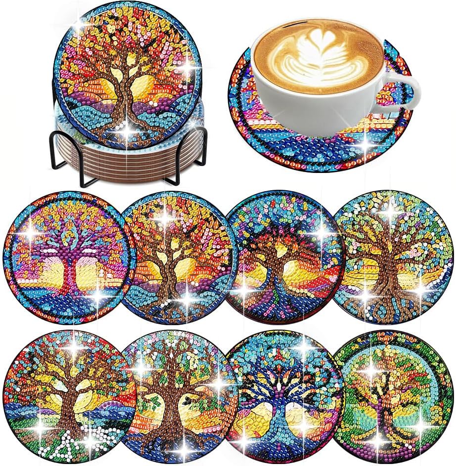 ijbnhd 8 PCS Tree of Life Diamond Art Coasters (Cork Wooden Pad)