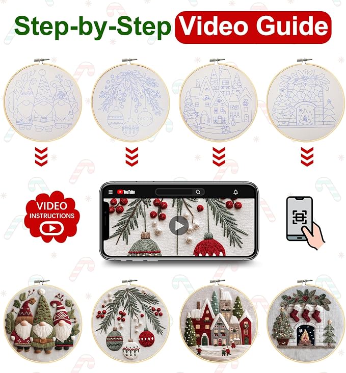 Santune Christmas Embroidery kit,Fall Needlepoint Cross Stitch Kits for Beginners Adult,Needle Point Sets,4 Embroidery,2 Hoops,Christmas Ornaments