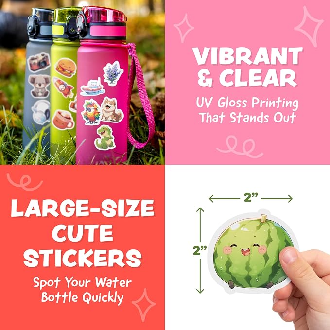 Cute Stickers for Kids Classroom Decor - 108pc Kawaii Water Bottle Stickers for Teens - Waterproof Vinyl Teacher Reward Stickers for Water Bottles - Back to School Supplies - Classroom Must Haves