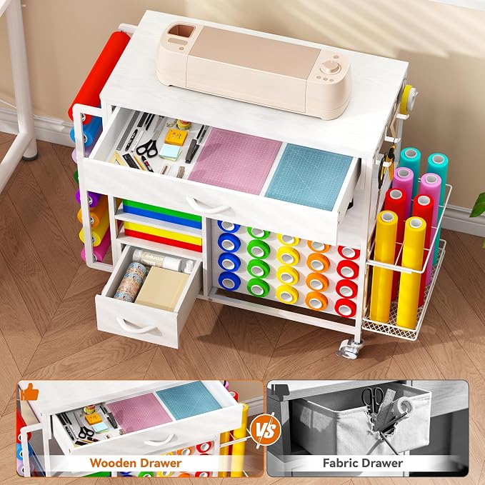 Rolling Craft Storage Cart,Table for Cricut Machines,36 Vinyl Roll Holders