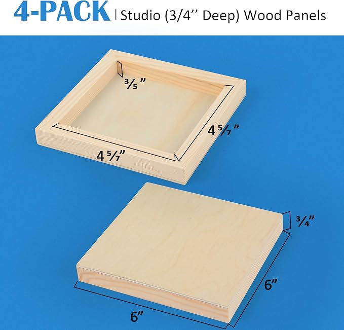 Falling in Art 4 Pack 6x6’’ Unfinished Birch Wood Panels Kit for Painting | Studio 3/4’’ Deep Wooden Canvas, Cradle Boards for Acrylic Pouring, Art, Crafts, Epoxy Resin, Laser Engraving Cutting