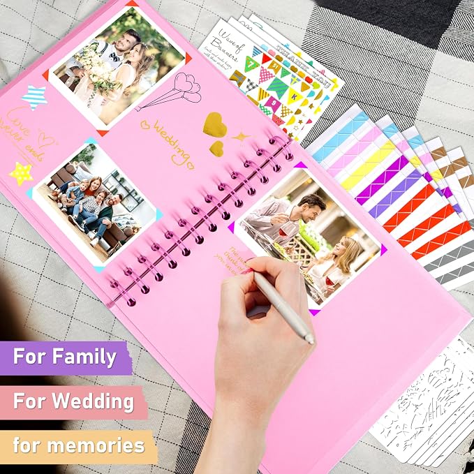 GOTIDEAL 7 x 7 Inch Scrapbook Album with Metallic Markers, Pink, 40 Pages | Kraft Paper Photo Albums for Wedding & Anniversary, Family DIY Scrap Books with Scrapbooking Stickers Corners