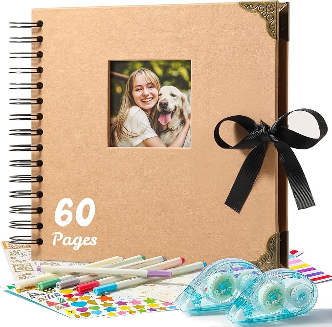 8 x 8 Inch Scrapbook Album 60 Pages with Scrapbooking DIY Kits. Window Photo Album with Scrapbook Tapes Stickers and Metallic Markers. Craft Memory Book for Wedding Baby Birthday Family Anniversary