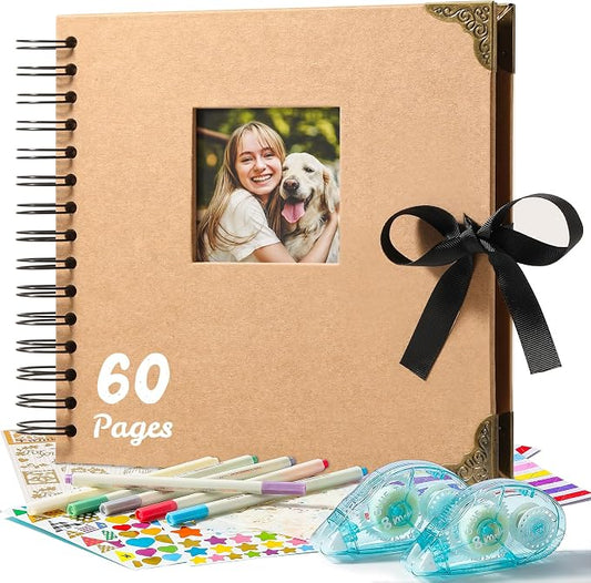 8 x 8 Inch Scrapbook Album 60 Pages with Scrapbooking DIY Kits. Window Photo Album with Scrapbook Tapes Stickers and Metallic Markers. Craft Memory Book for Wedding Baby Birthday Family Anniversary