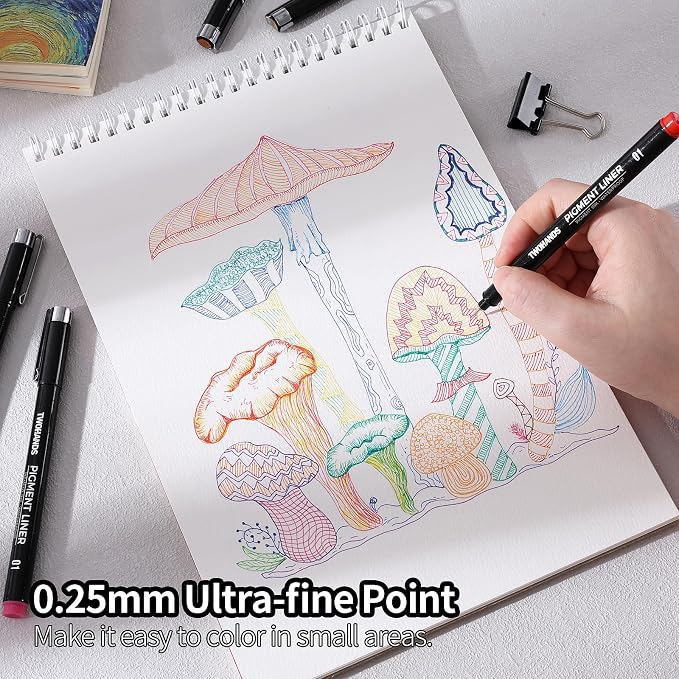 TWOHANDS Drawing Micro Art Pens, Set of 12, 0.25mm, Colors 01 | Fineliner Ink Pens, Technical Drawing Pen, Pigment Pen, Waterproof NO-bleed, For Art Watercolor Sketching Anime Manga，21281