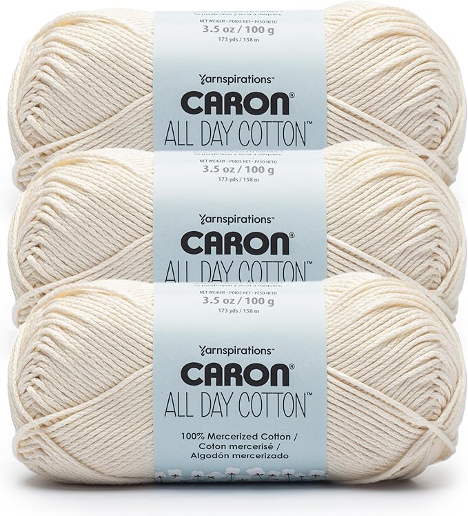 Caron All Day Cotton Yarn for Crocheting, Cream, 3-Pack | #4 Worsted Yarn, 100% Mercerized Cotton, Soft Crochet Yarn for Knitting, Amigurumi & Crafts, 173yds, 100g/3.5oz per skein