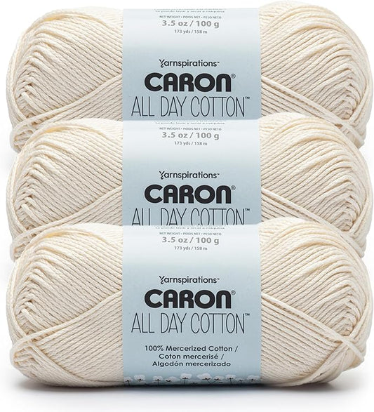 Caron All Day Cotton Yarn for Crocheting, Cream, 3-Pack | #4 Worsted Yarn, 100% Mercerized Cotton, Soft Crochet Yarn for Knitting, Amigurumi & Crafts, 173yds, 100g/3.5oz per skein