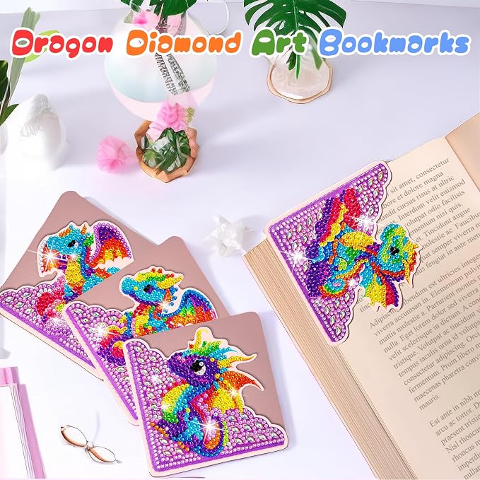WIVICO 4Pcs Diamond Painting Bookmarks, Diamond Pearl Art Kits for Adults | DIY Diamond Dots Paint By Numbers Kit,Gifts for Book Lovers(Dragon)