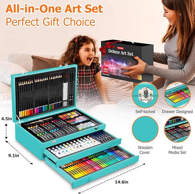 Soucolor Art Supplies, 192-Pack Deluxe Art Set Drawing Painting Supplies | Art Kit with Acrylic Pad, Watercolor Pad, Sketch Book, Canvases, Acrylic Paint, Crayons, Pencils, Gifts for Artists Adults