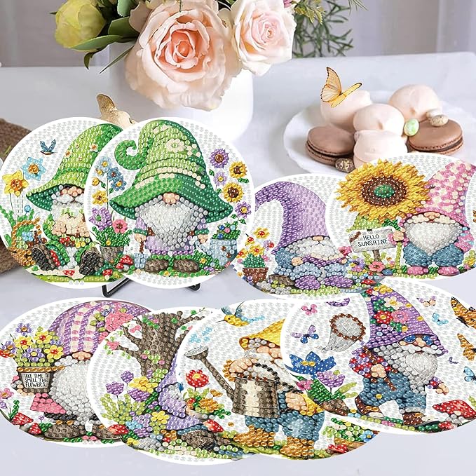 8 Pack Diamond Art Coasters Kits, Gnomes Diamond Painting Coasters Kits